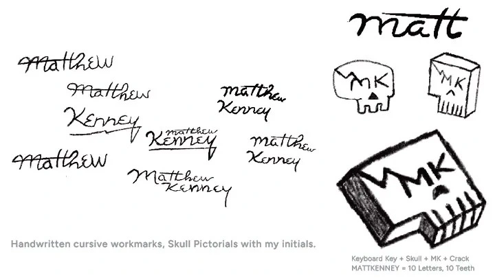Early handwritten wordmarks and skull sketches for Matt Kenney’s Design Co.
