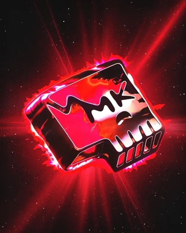 A metallic MK skull-key mark with a red glow.
