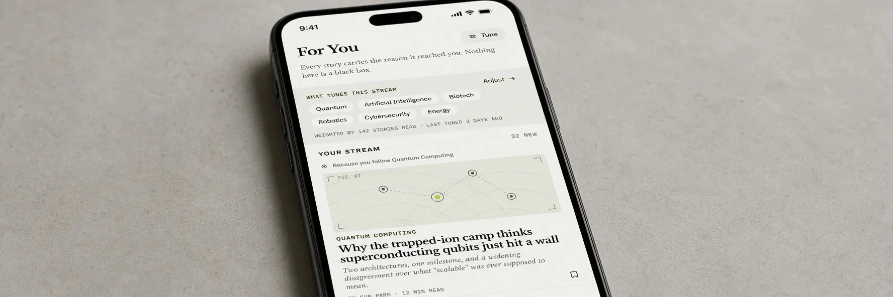 Proto Daily’s For You screen with topic filters and a research story.