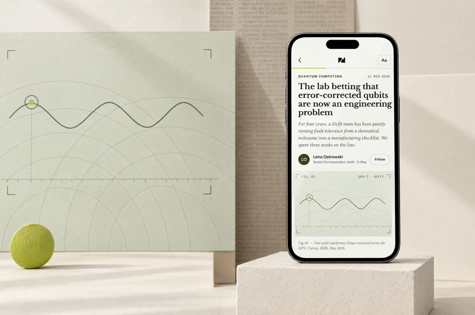 Proto Daily’s reader, a quantum computing long read, on a phone standing on a plinth beside a wall-size figure plate.