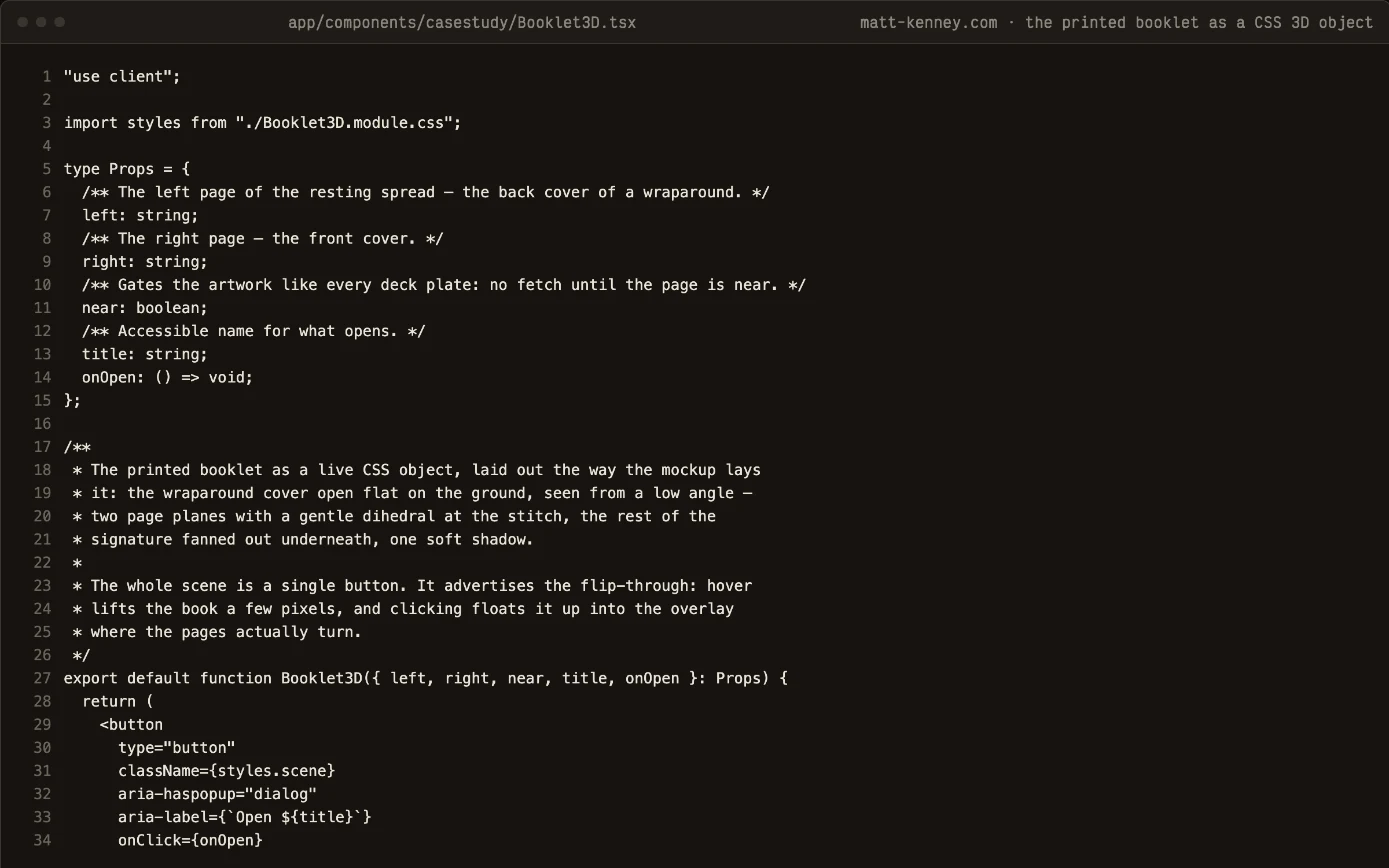 Editor view of Booklet3D.tsx, the printed booklet as a CSS 3D object