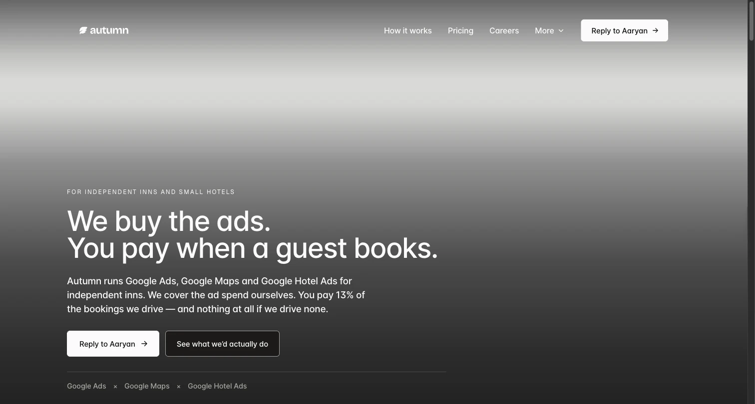 Autumn homepage hero: We buy the ads. You pay when a guest books. over a lakeside New England inn