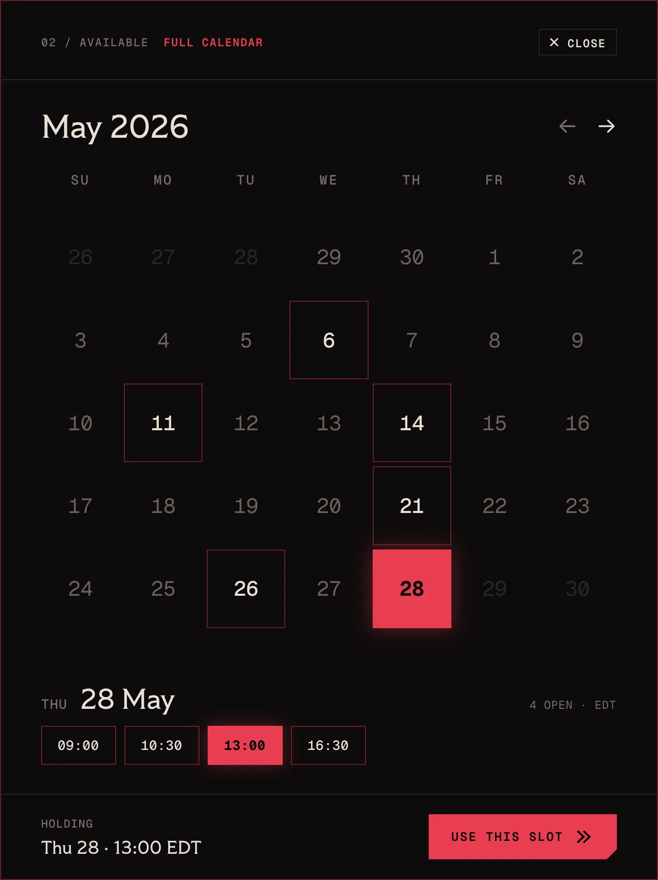 kenneys.net appointments V7: the full calendar kept as a modal — May 2026 month grid, open dates outlined, time chips, Use this slot