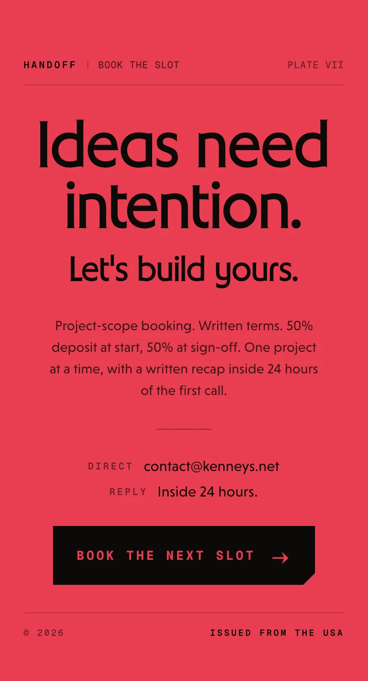 kenneys.net mobile CTA on crimson: Ideas need intention. Let's build yours. — Book the next slot