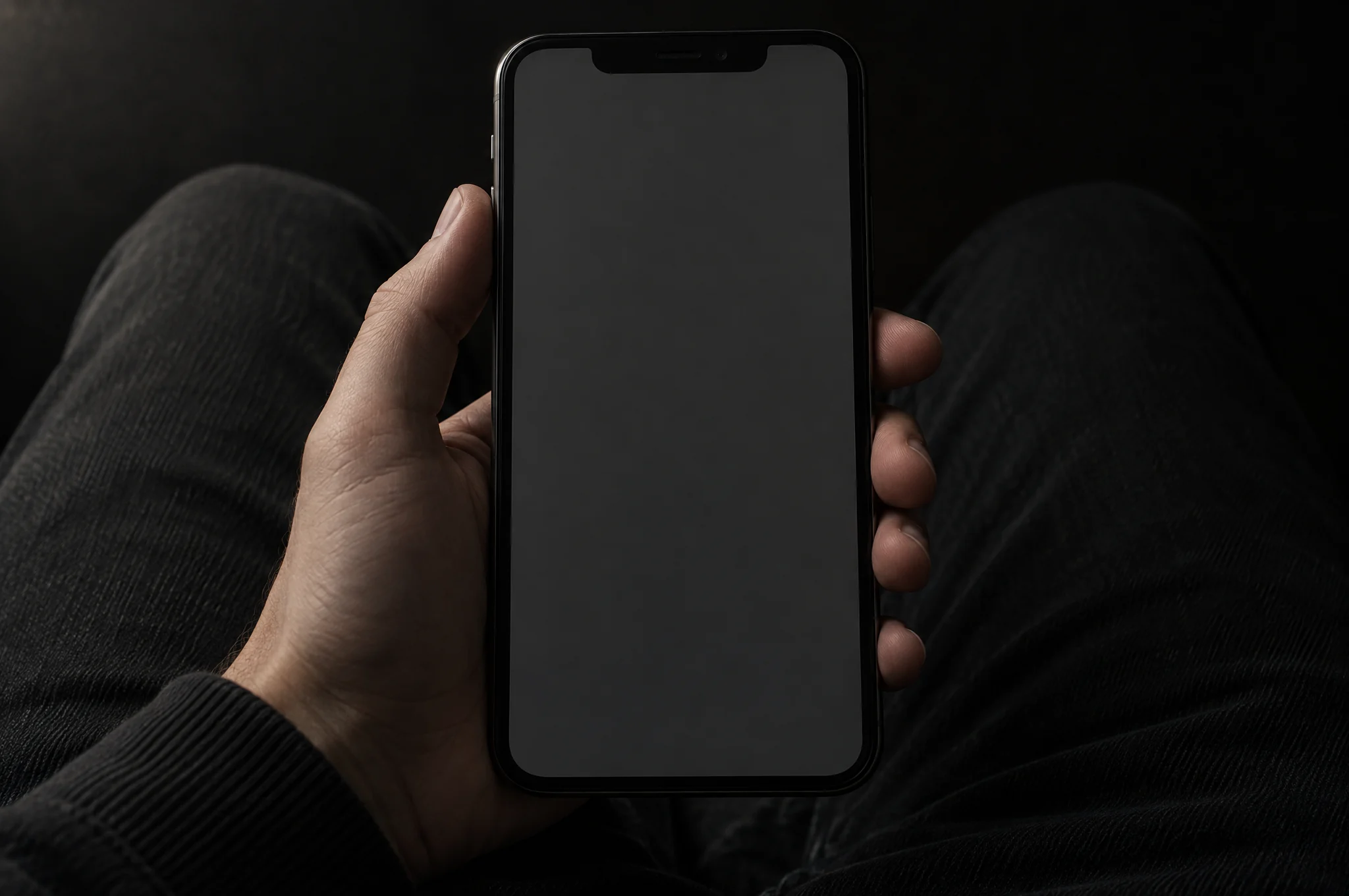 A hand holding a phone on a lap, single raking light, near-black