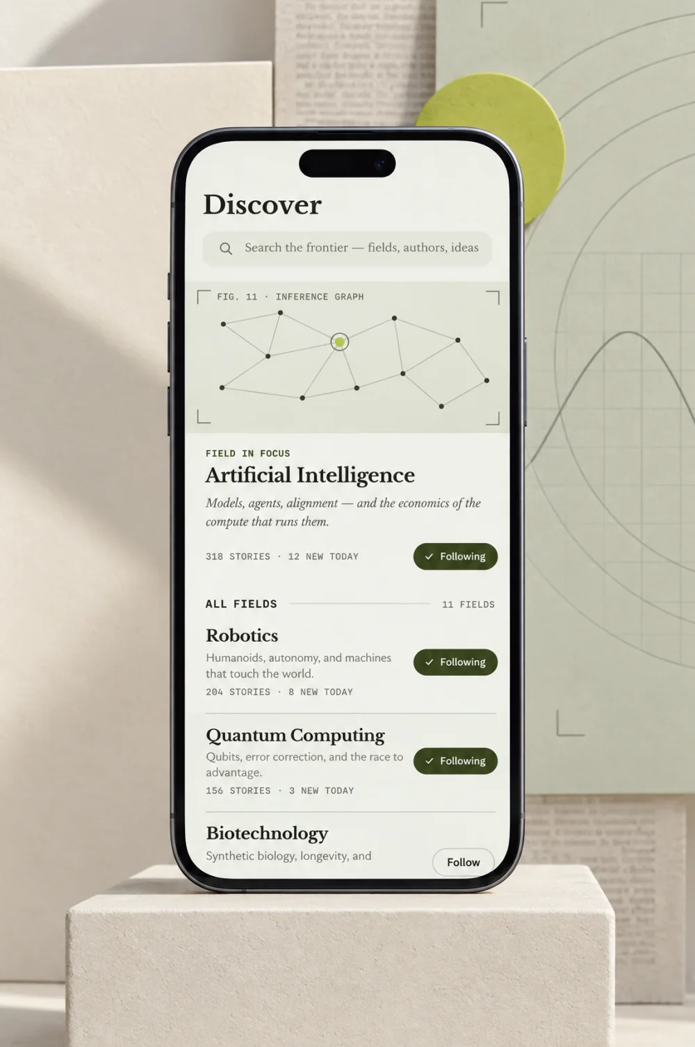 Discover, with the inference graph and the field in focus, on a phone on a plinth among paper planes