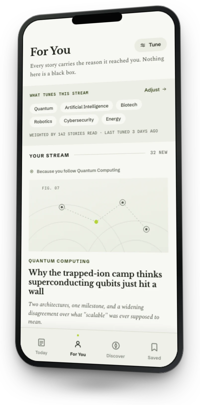 The Proto Daily prototype on the For You screen, standing in a bright study