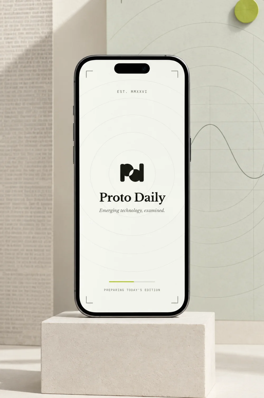 Splash: the PD mark and Proto Daily masthead, on a phone on a plinth