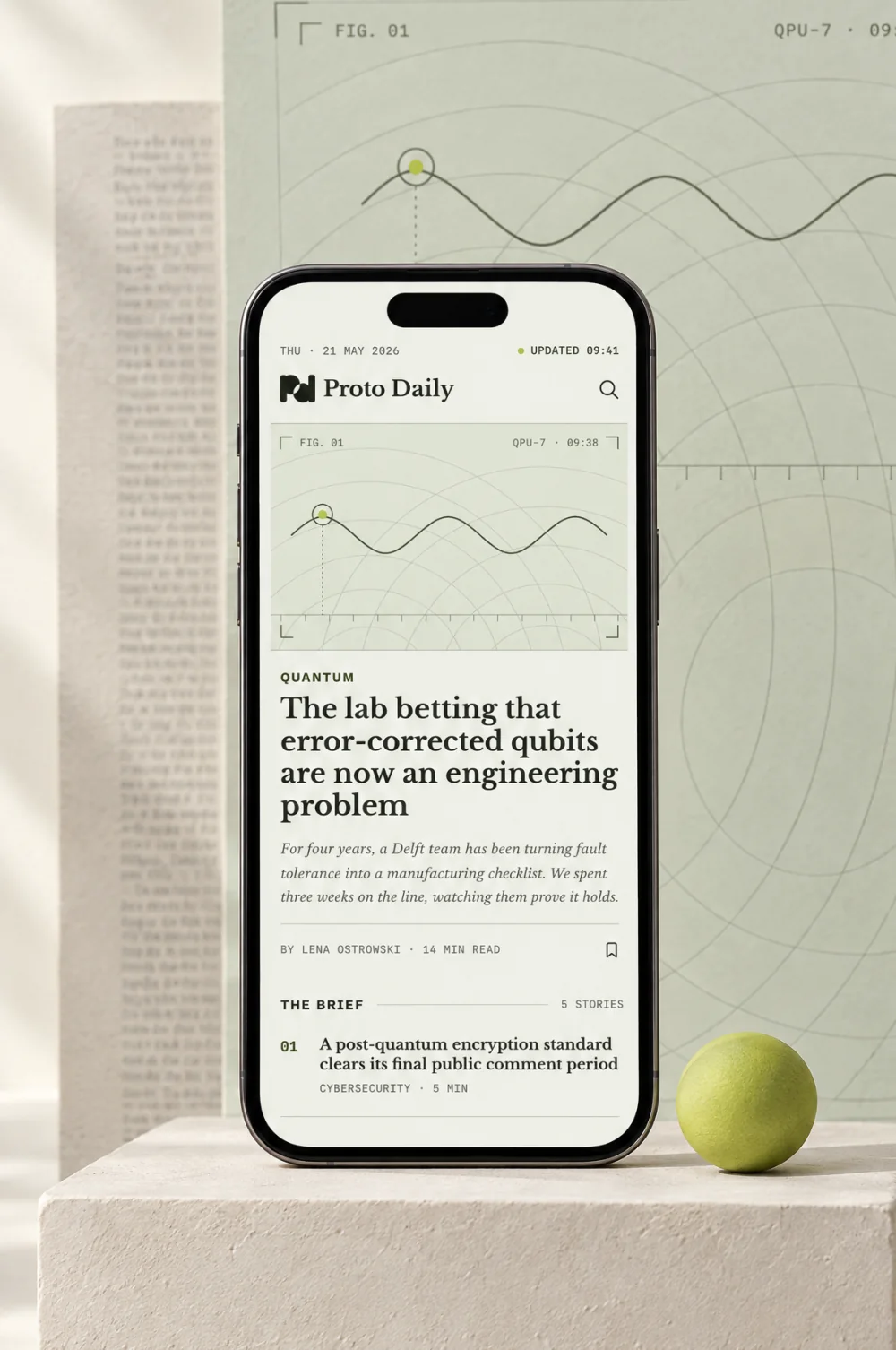 Today, the edition front page, on a phone standing on a plaster plinth before a wall-size figure plate
