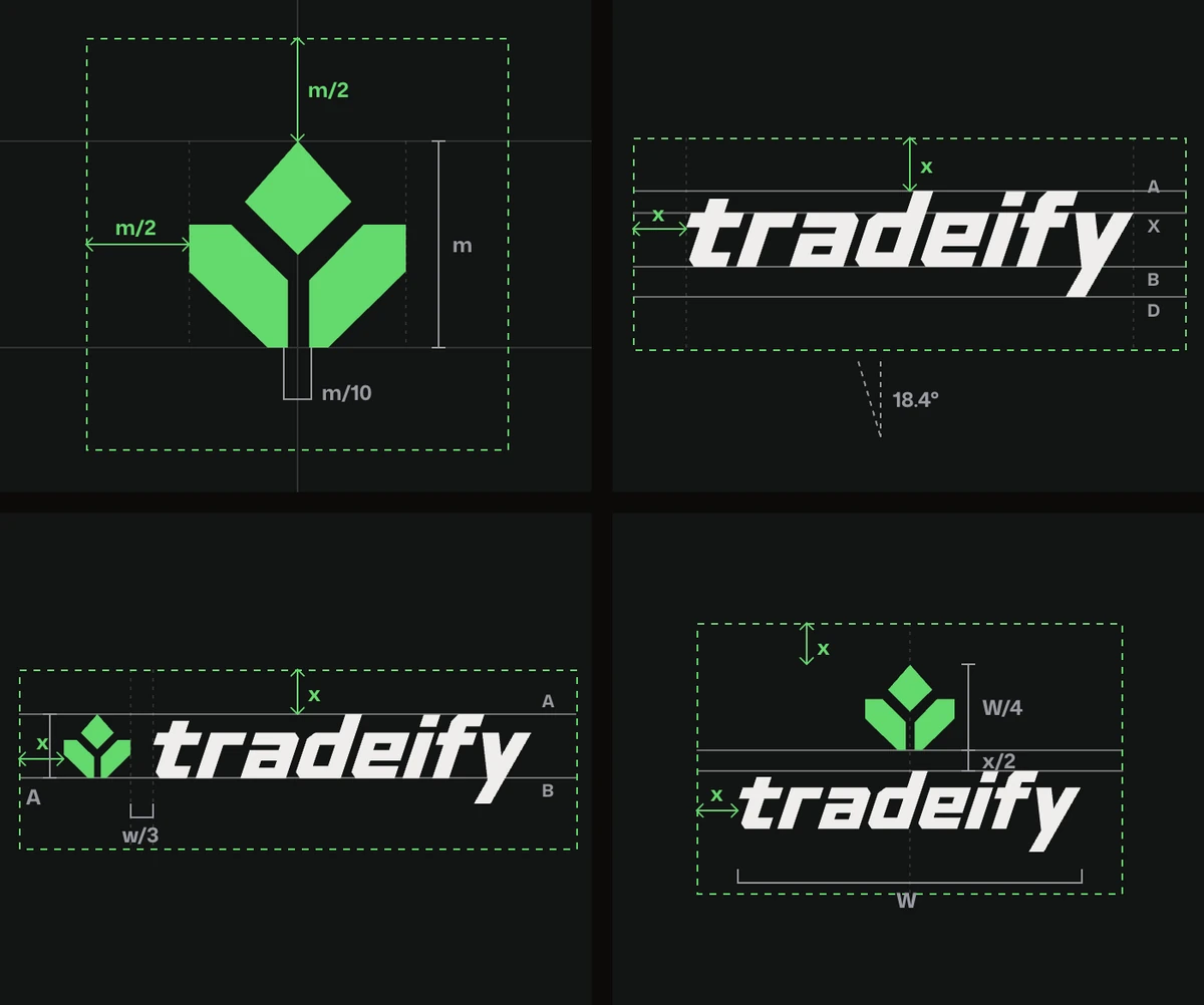 Construction and clear space for the mark, the wordmark and both lockups, drawn on green dashed guides