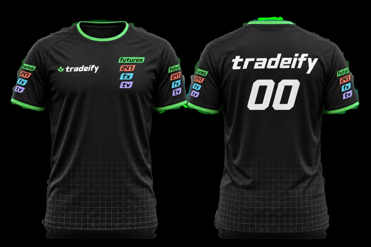 A generated esports jersey mockup, front and back, with the proposed lockup and the four product pills